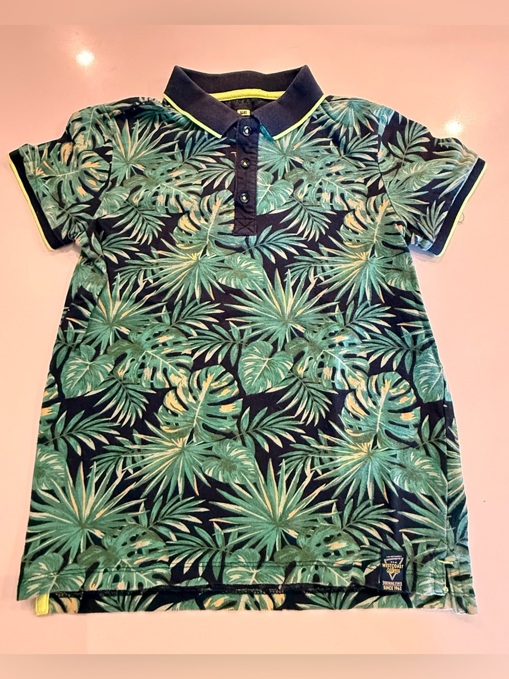 Boys Green Tropical Leaf Polo with Contrast Trim